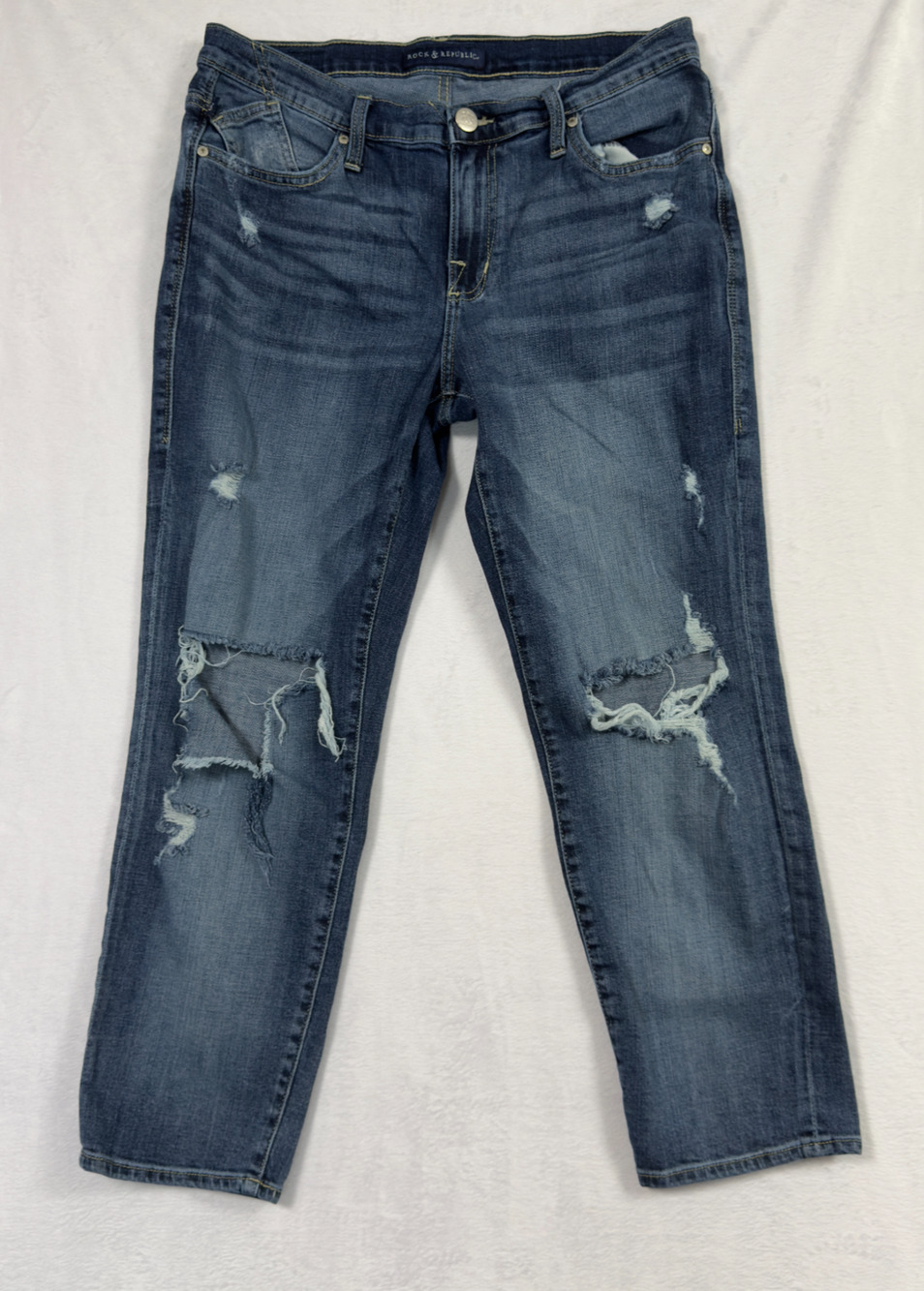 Rock & Republic Indee Boyfriend Jeans Womens 12 Blue Denim Distressed Mid Rise